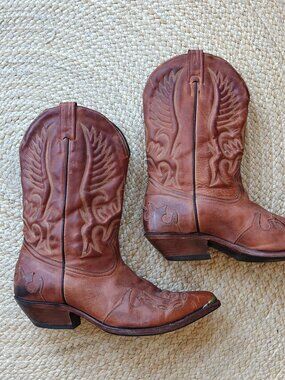 Vintage Handmade Mexican Cowboy Boots Brown Leather Men's Size 12